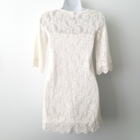 Crochet Floral Lace Off White Pullover Mini Dress Sz 2 Slip Lining H & M - Picture 9 of 10